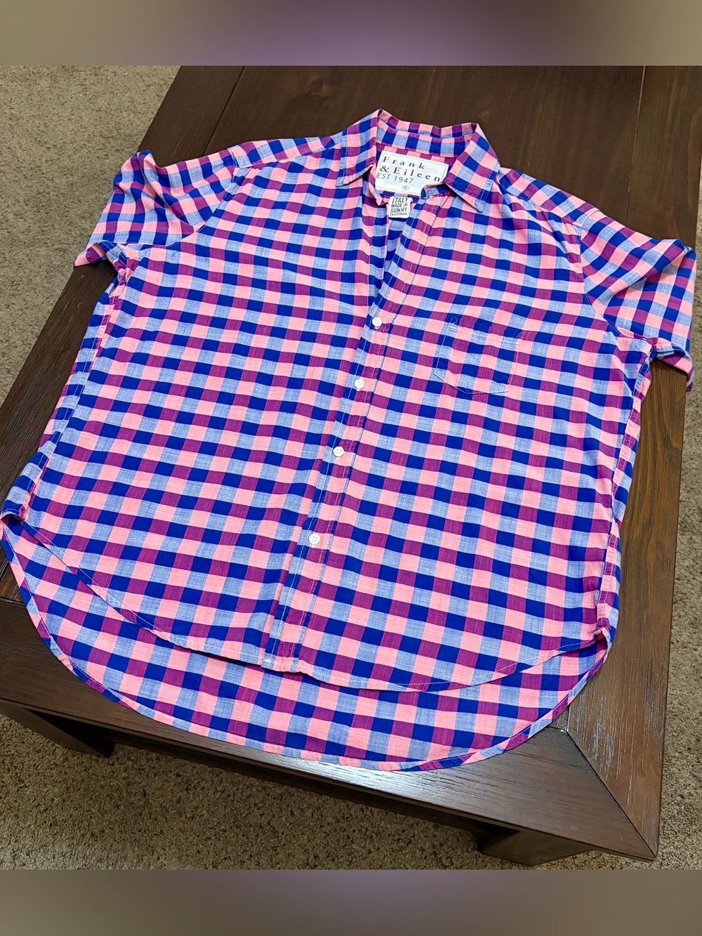 Frank & Eileen The Eileen Relaxed Button Up Shirt Italian Cotton Pink Blue Plaid - Picture 10 of 13